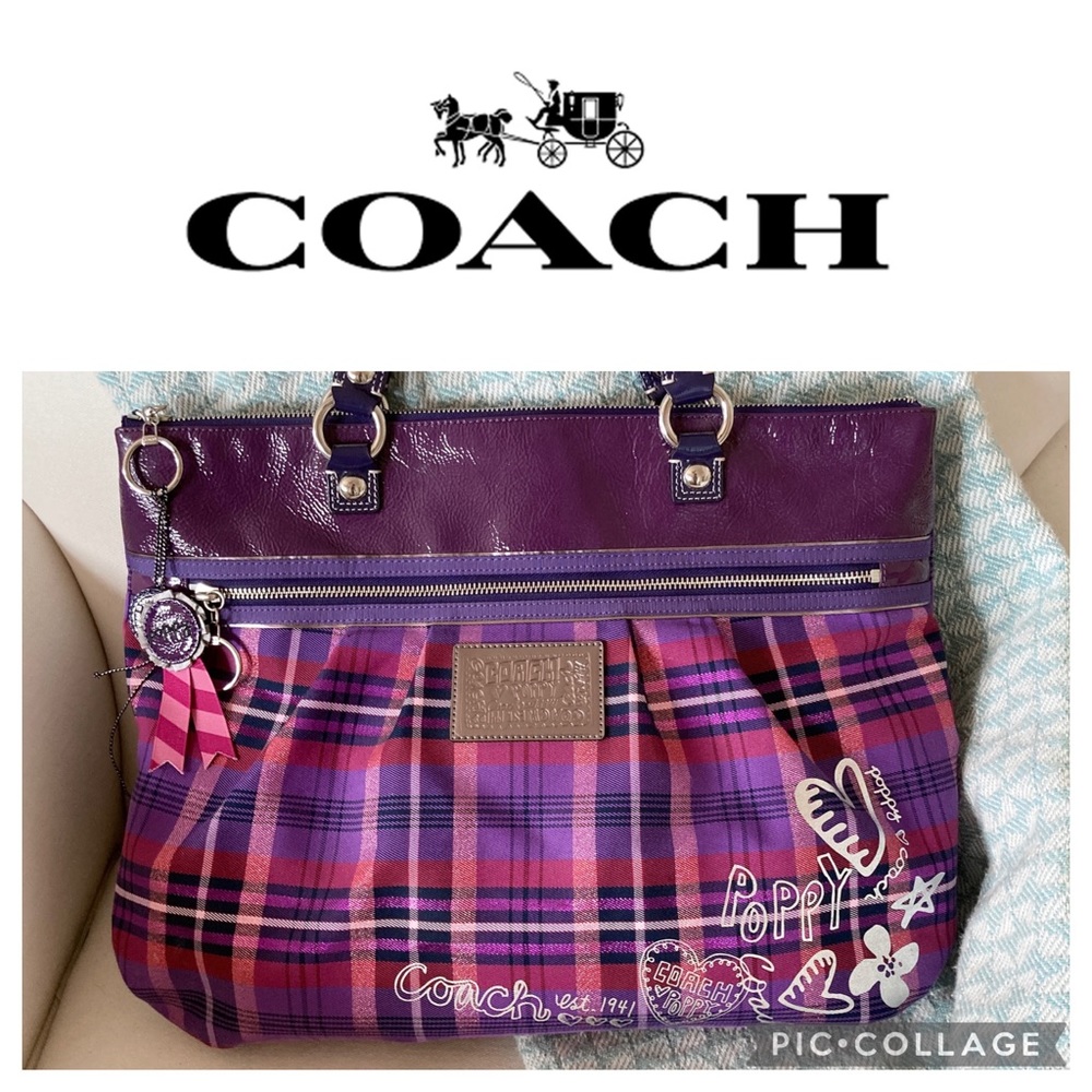 Coach Y2K Poppy Tartan Plaid Purple Handbag Tote Bag Satchel Shoulder Purse Auth